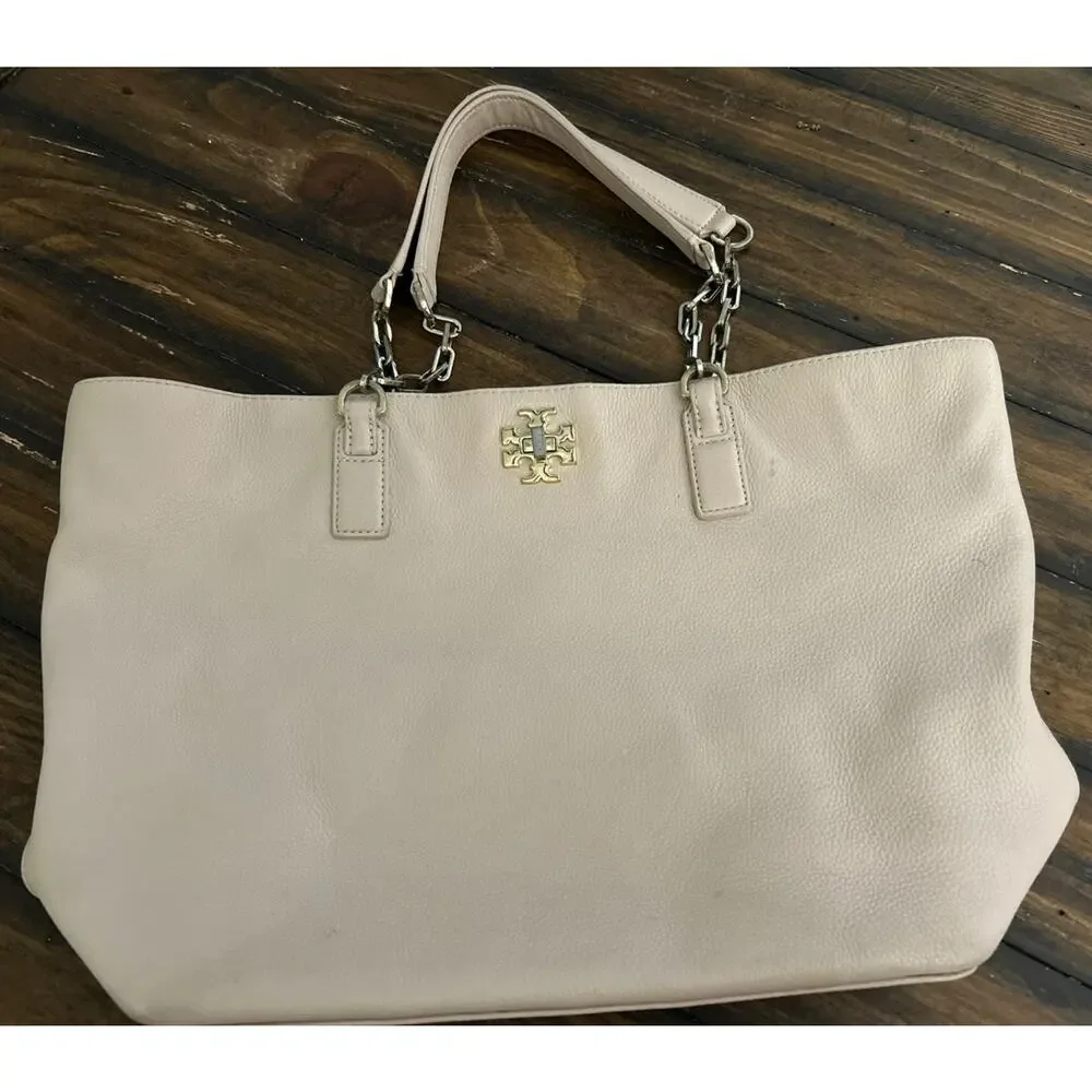Tory Burch Britten Pebbled Leather Tote Bag Gold Chain Shoulder Bag Petal Pink